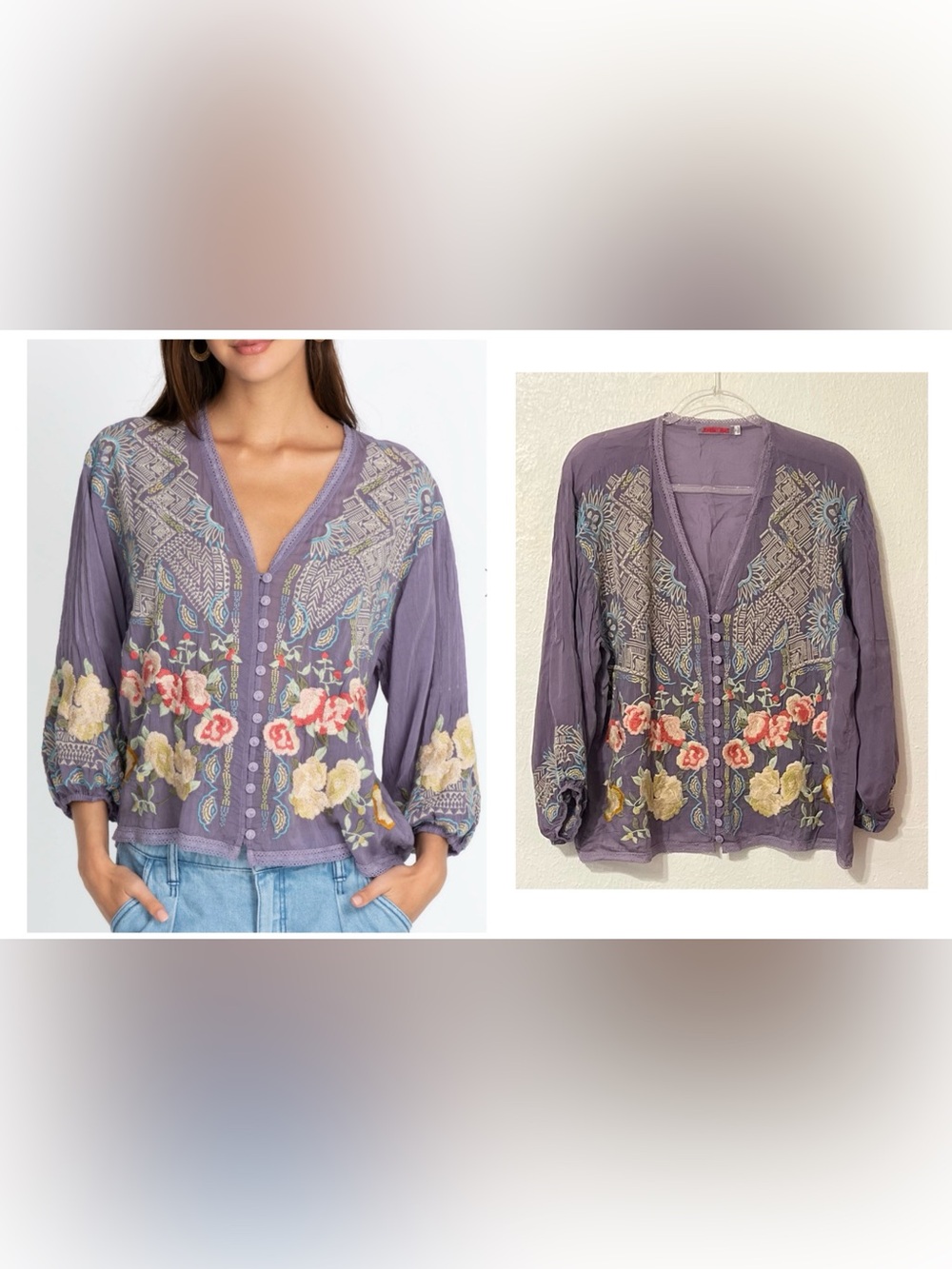 Johnny Was Castana Purple Embroidered Floral V-Neck Blouse